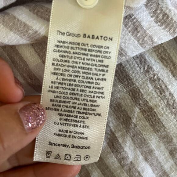 Babaton Women’s Linen Striped Button Down Shirt White Tan Long Sleeve Size Small - Picture 4 of 5